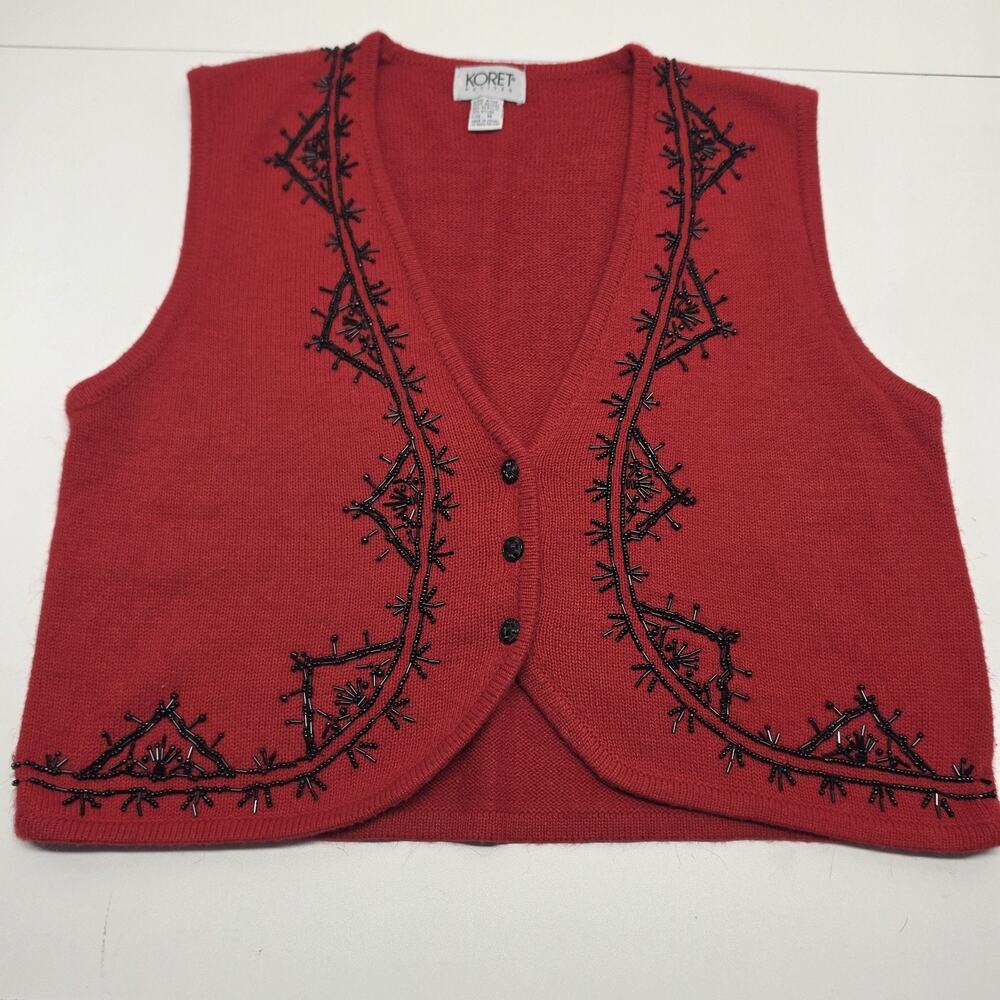Vintage 1990s Koret Red Knit Sweater Vest Snowflake Beaded Embroidered Holiday M